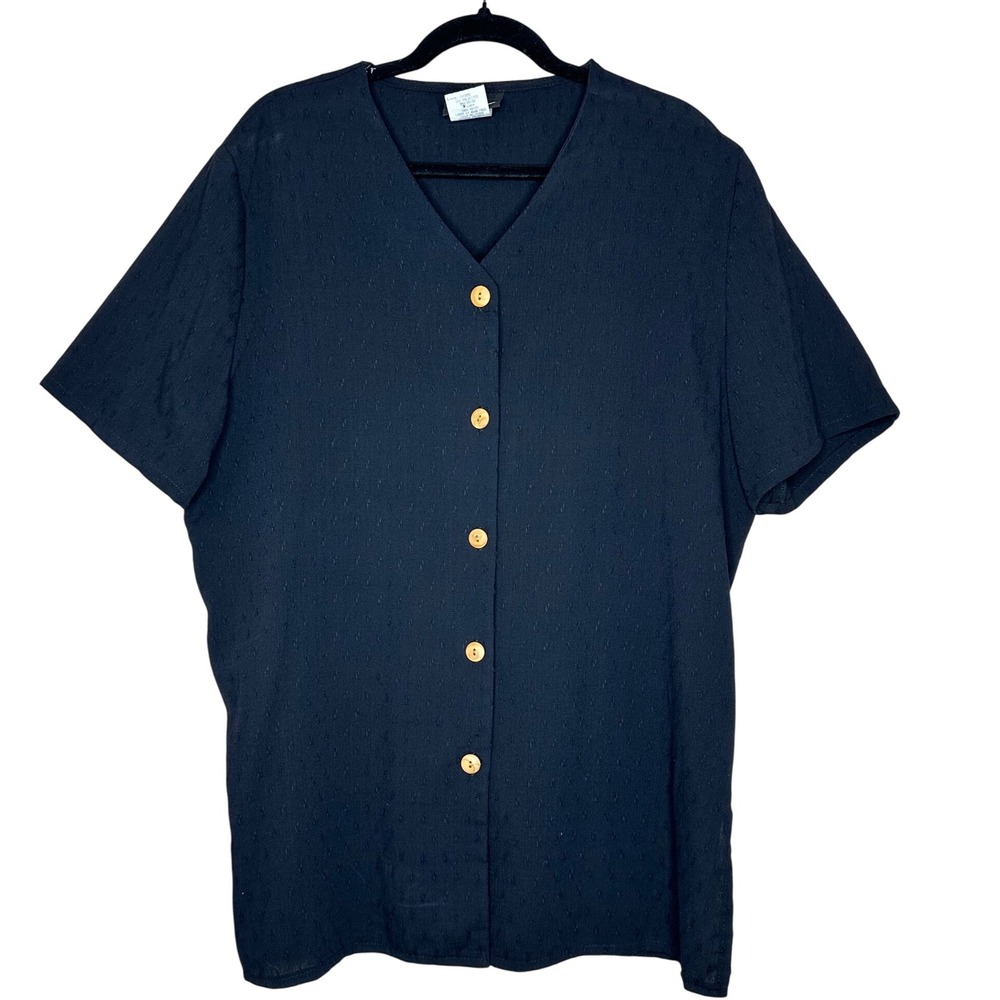 Karibo VTG Black Button Down Top boho Textured Short Sleeve Women's L Blouse‎